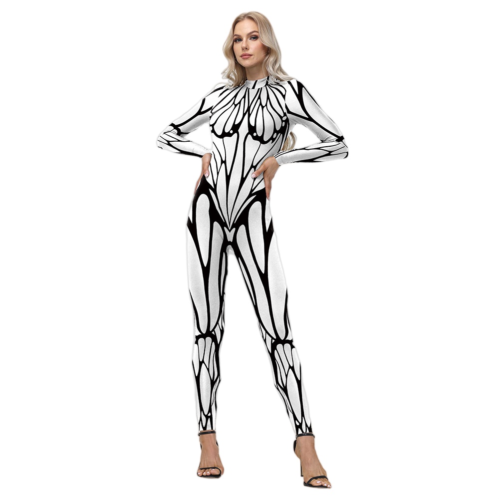 Women Long Sleeve Skinny Jumpsuit - Abstract Geometric Full Print Bodysuit